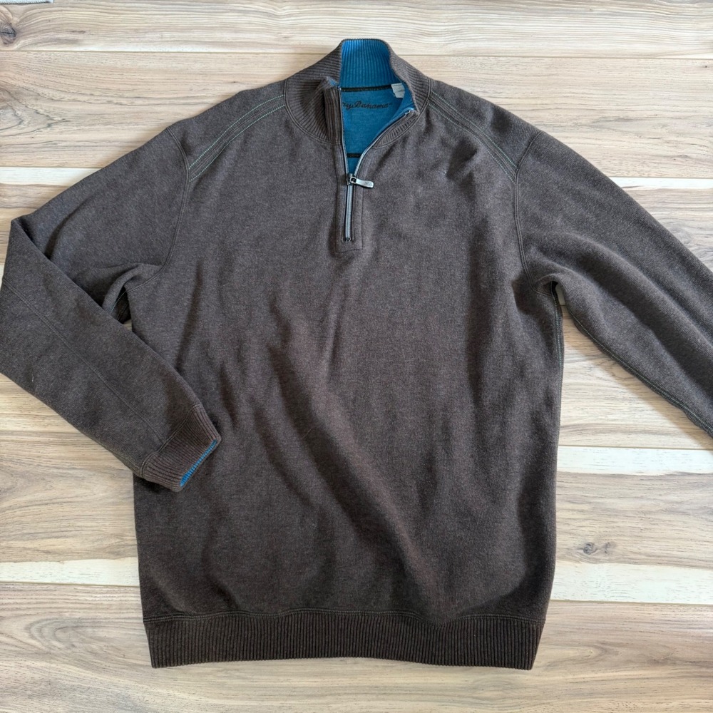 Tommy Bahama Reversible Pullover Quarter Zip Sweater Mens‎ Small Brown Blue